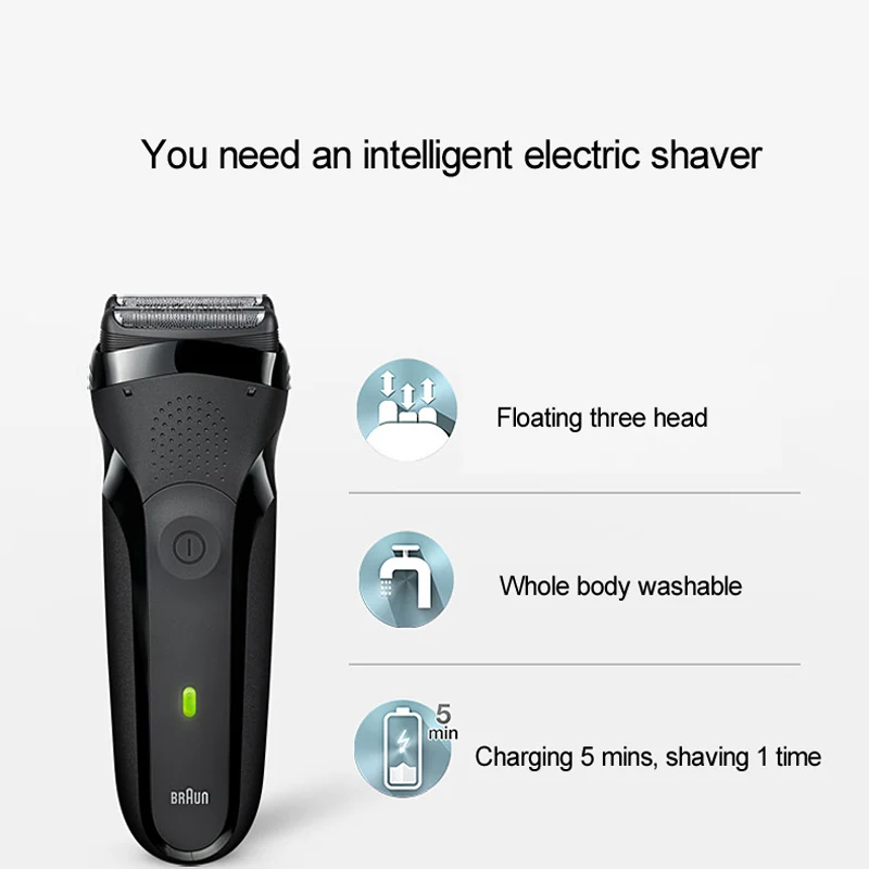 Braun 301S Electric Shaver Floating 3 Cutters Safety Razor IPX7 Waterproof Rechargeable Reciprocating Shaving Machine for Men