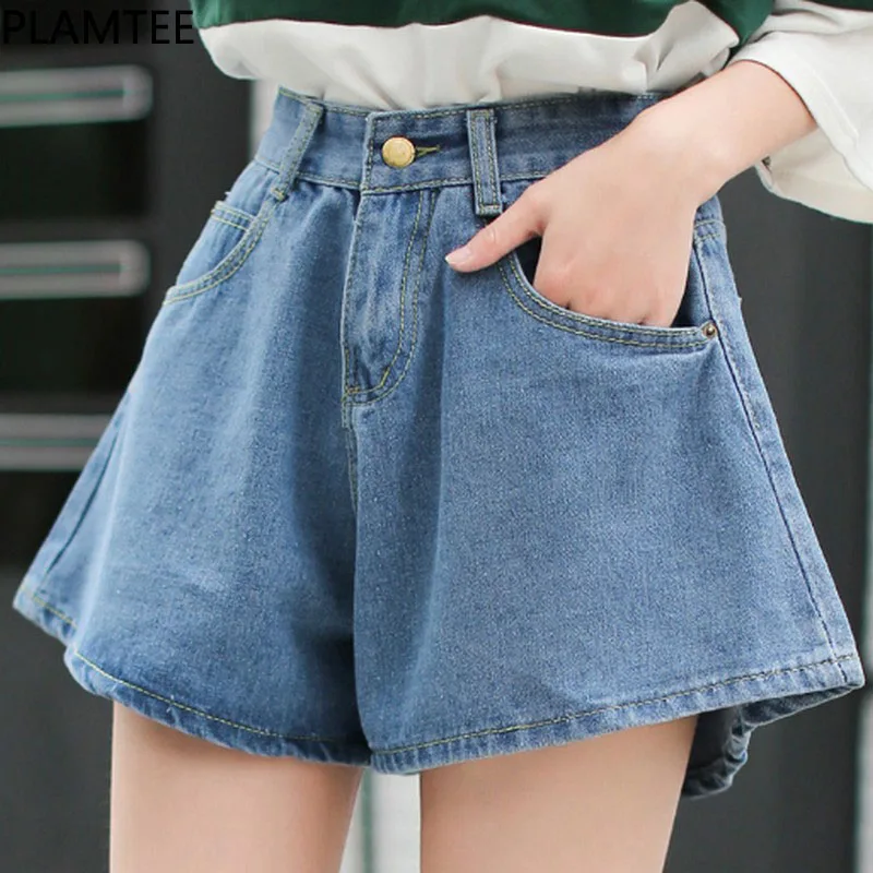 PLAMTEE Vintage High Waist Denim Shorts Casual Loose Jeans Short For