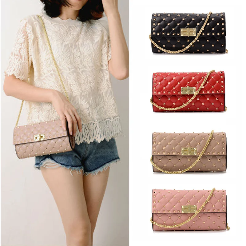 

2018 new leather handbags sheepskin rivets clutch bag ladies shoulder slung fashion handbags small square package Bolsos Mujer