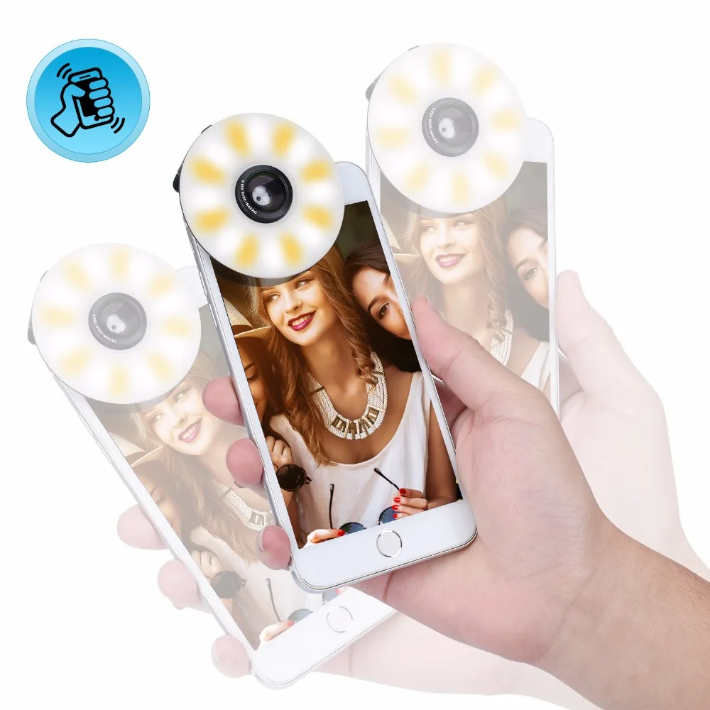 

3 in1 Rechargeable Selfie Ring Light Camera Lens Kit,Shake light Warm White LED Bright Wide Angle Macro Len for Smart Cell Phone