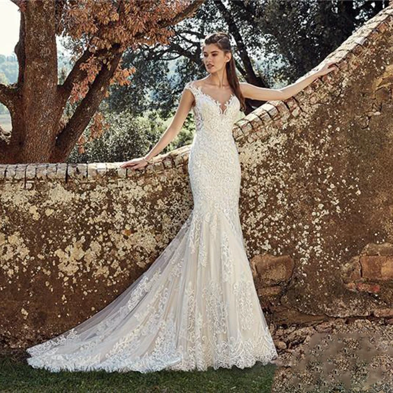 1801-Vintage Full Lace Mermaid Wedding Dresses For Western Country Garden Bohemian Bride Wedding Gowns Sheer Cap Sleeves Appliques Sweep Train