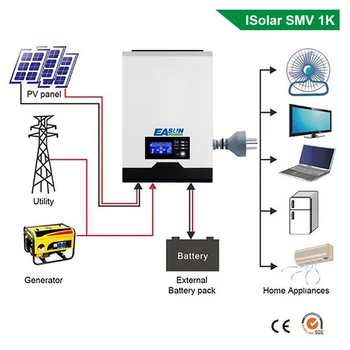 Inversor hibrido todo en 1 de 1000W + Regulador MPPT 40A + Cargador 20A +, entrada máx. PV 102VDC y 500W, 230 VAC, 12V, pantalla de control LCD y bluetooth EASUN 2