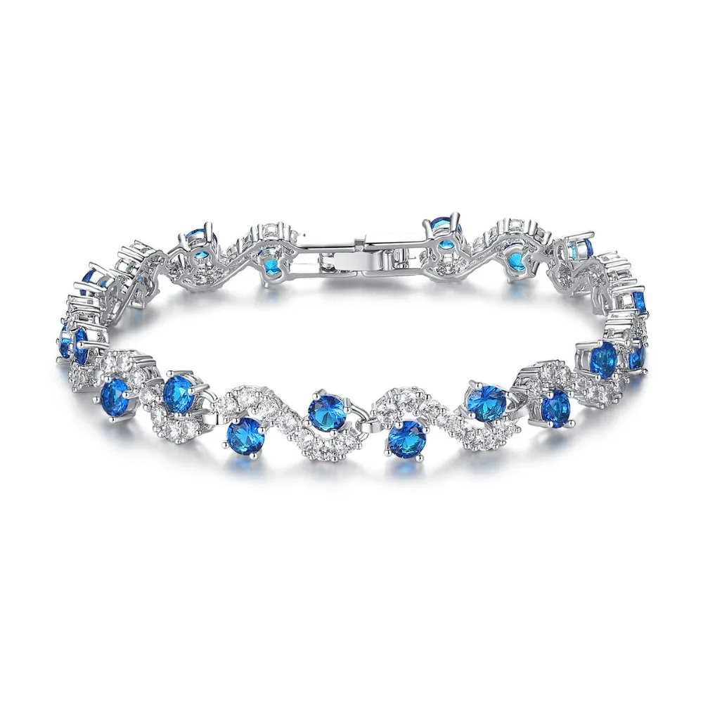 

LISM New Jewelry Full Shining AAA Cubic Zircon White Gold-Color Link Chain Bracelet Blue Stone Zircon for Women Gift Bangle