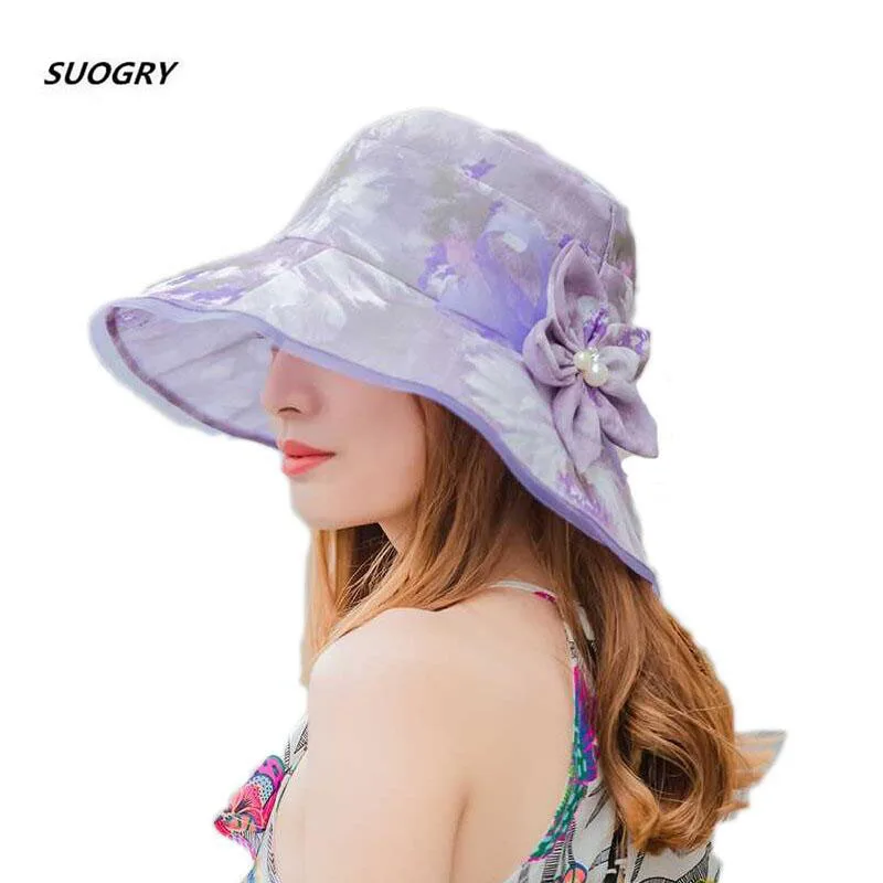 

SUOGRY Summer Hats For Women Gradient Color Flowers Sun Visor Hat Cloth Wide-Brimmed Hat Beach Woman Panama Cap Chapeau Femme