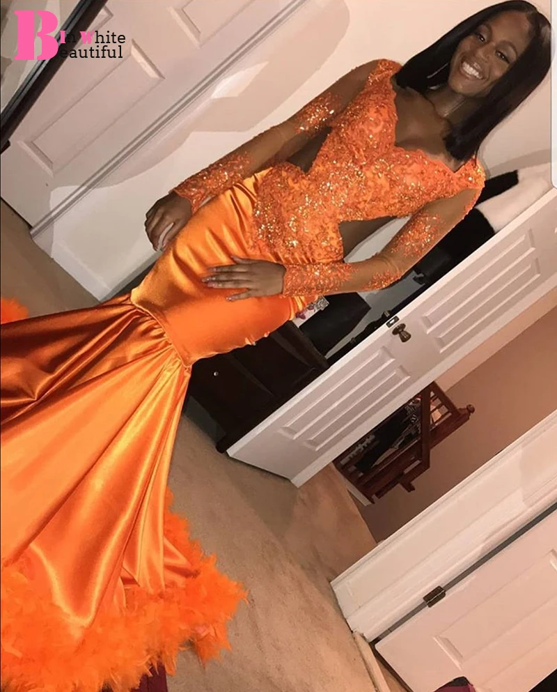 Красивые оранжевые платья для выпускного вечера с длинным рукавом и кружевной аппликацией из перьев, атласные вечерние платья наряды BP010