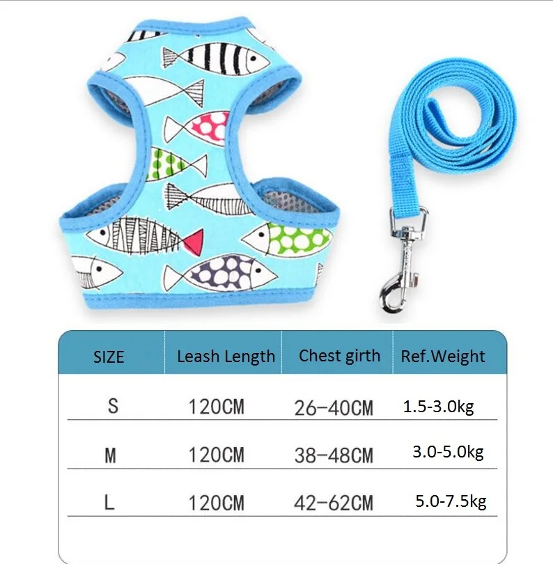 Милый Летний жилет на бретельках для чихуахуа с изображением животных из мультфильмов, поводок для питомцев, сетчатый дышащий поводок для кошек, маленьких собак, нагрудный ремень, размеры s, m, l - Цвет: Blue Fish