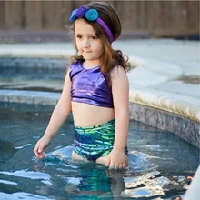 Детские купальники бикини с высокой талией, комплект из двух предметов, купальный костюм для маленьких девочек, Фиолетовый купальник с блестками