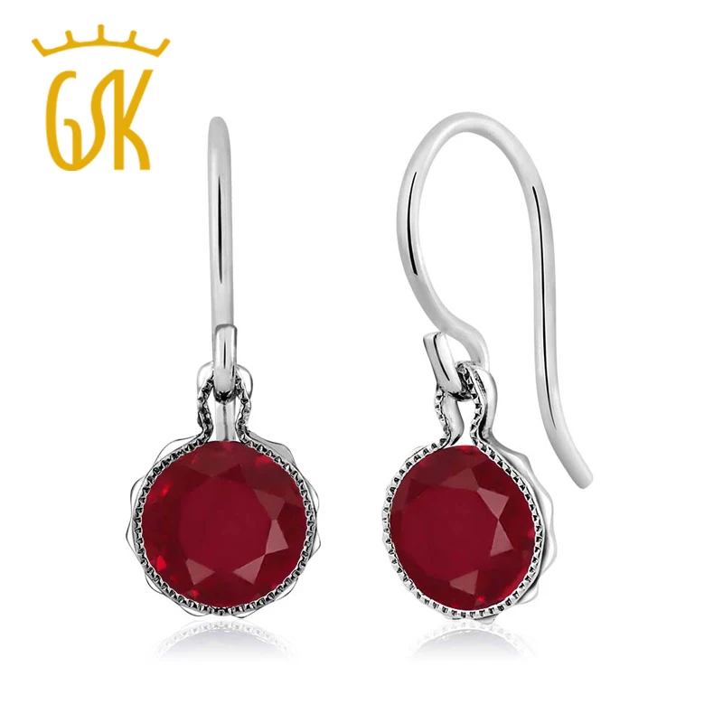 GemStoneKing 2.00 Ct 6mm Round Red Ruby Dangle Earrings 925 Sterling