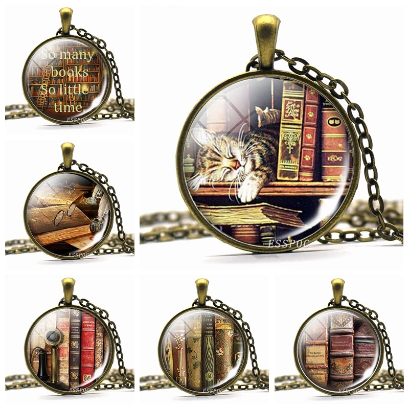 

Retro Necklace Vintage Books and Cat Picture Glass Cabochon Pendant Necklace " So Many Books So Little Time " Gift for Daughter