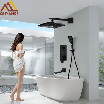 

Quyanre 3-Way Black LED Digital Shower Faucets Set Rainfall Shower 3-way Digital Display Mixer Tap Swivel Tub Spout Bath Shower