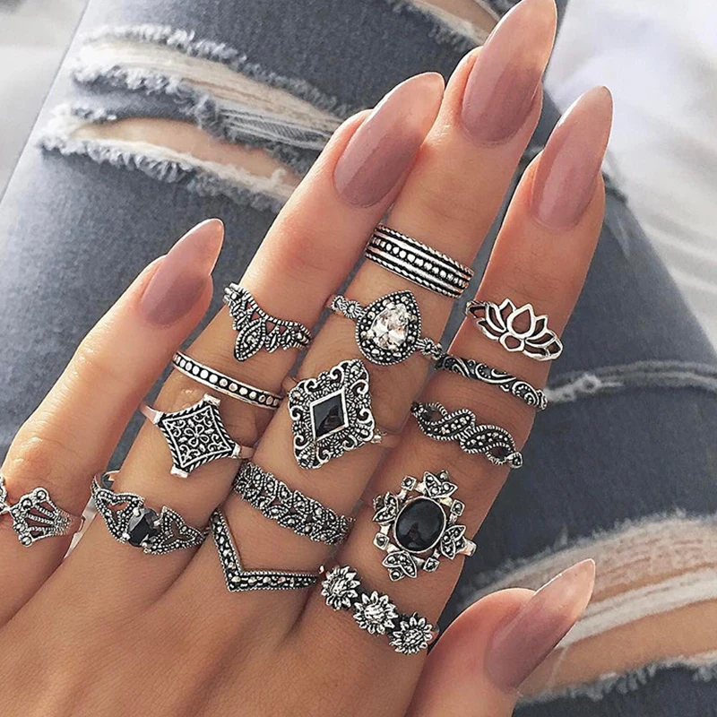 

15 Pcs/set Bohemian Retro Crystal Flower Leaves Hollow Gem Silver Ring Set Women Wedding Anniversary Gift Accessories 6C3026