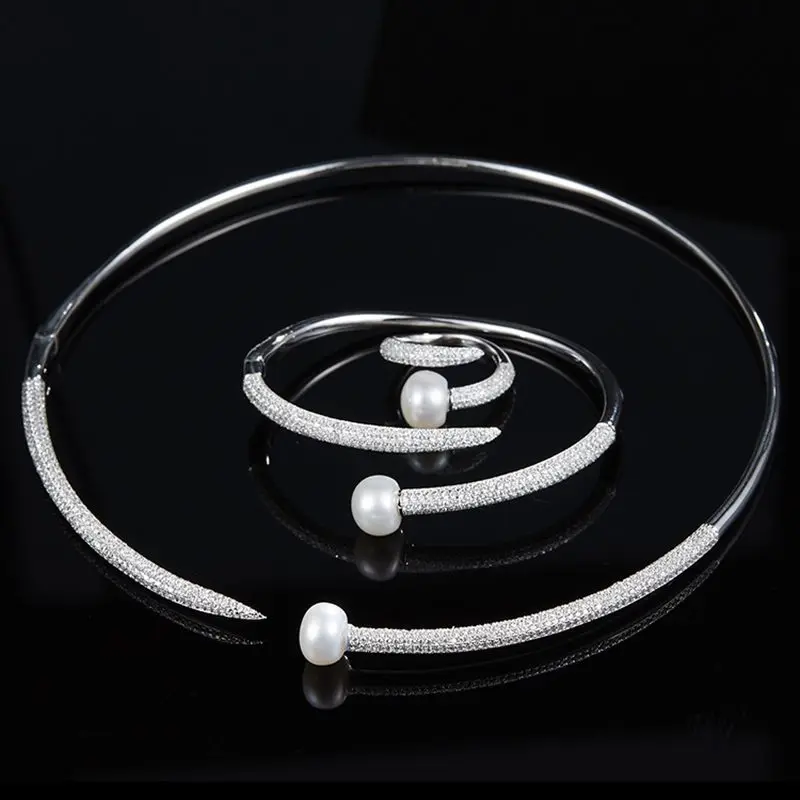 

Fashion AAA CZ Zircon Screw Freshwater Pearl 925 Sterling Silver Torques Necklace Brand Monaco Women Wedding jewelry