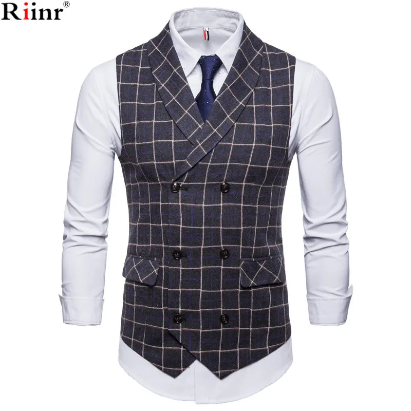 

Riinr 2019 New Brand Mens Plaid Suit Vest 3XL 4XL Fashion Party Dress Vest Men England Style Business Casual Grey Vests for Men