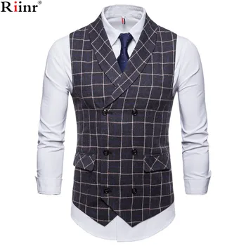 

Riinr 2019 New Brand Mens Plaid Suit Vest 3XL 4XL Fashion Party Dress Vest Men England Style Business Casual Grey Vests for Men