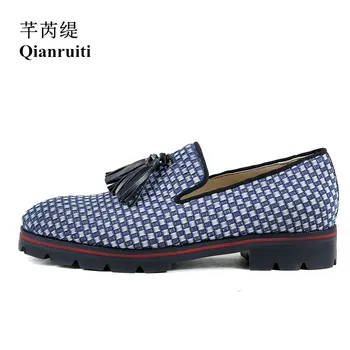 

Qianruiti Italian Street Style Casual Shoes Men Knitting Tassel Flats Slip-on Anti-skid Men Oxfords Men Plaid Casual Loafers