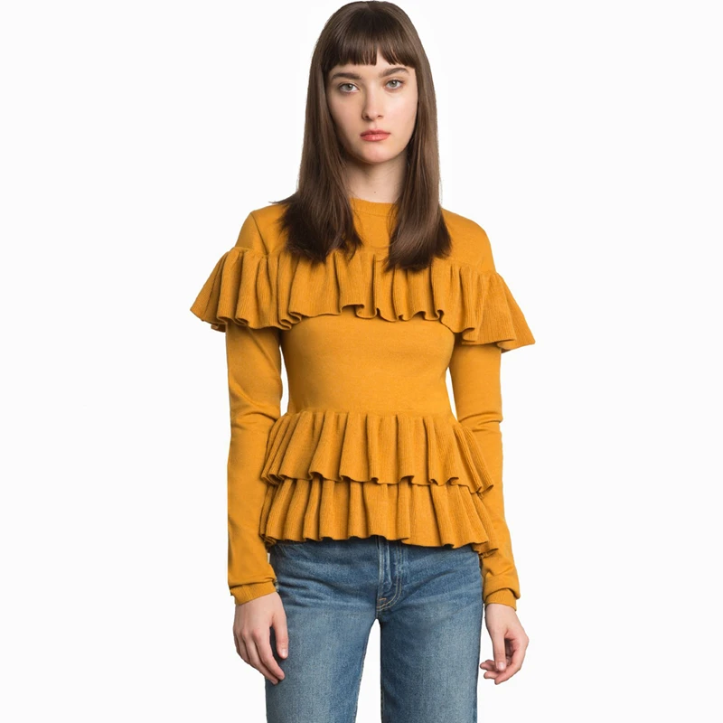 

Ginger yelllow long sleeve O neck layered ruffle sweaters women ladies spring fashion slim fit pleated ribbed knitwear