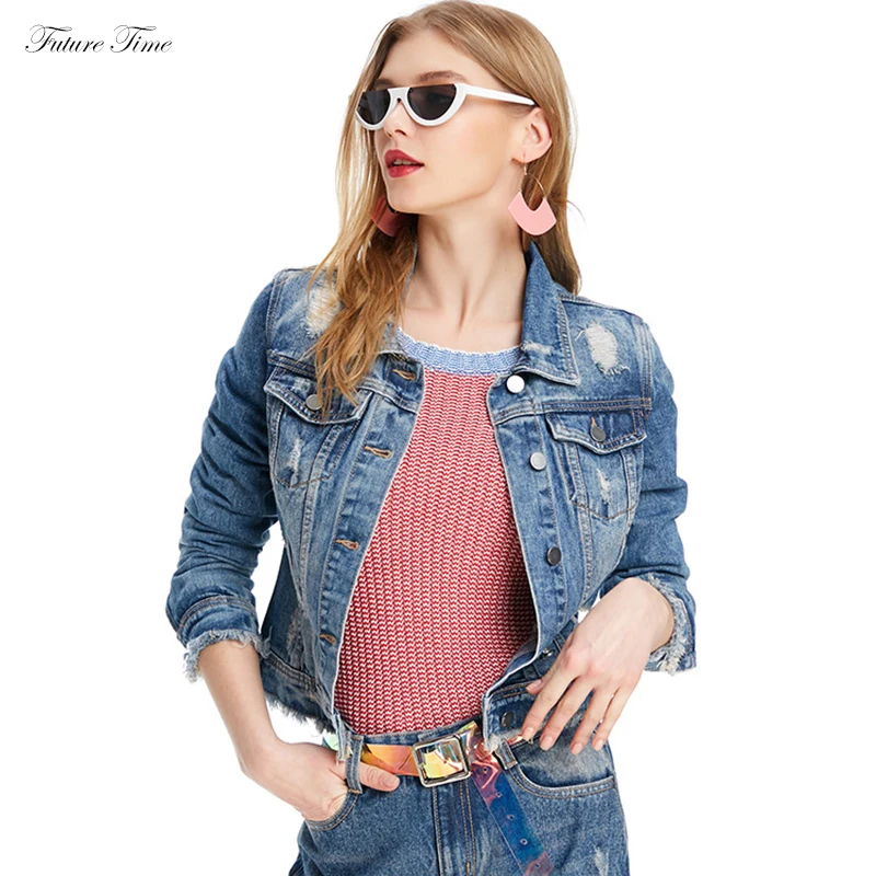 Femme Vestes Vers Trou Vintage Femmes Bas Manteau Outwear Denim Bleu Jeans Tournent À Déchiré Le Mode C1542 Manches Base De Lâche Veste Longues EAqUOxfq