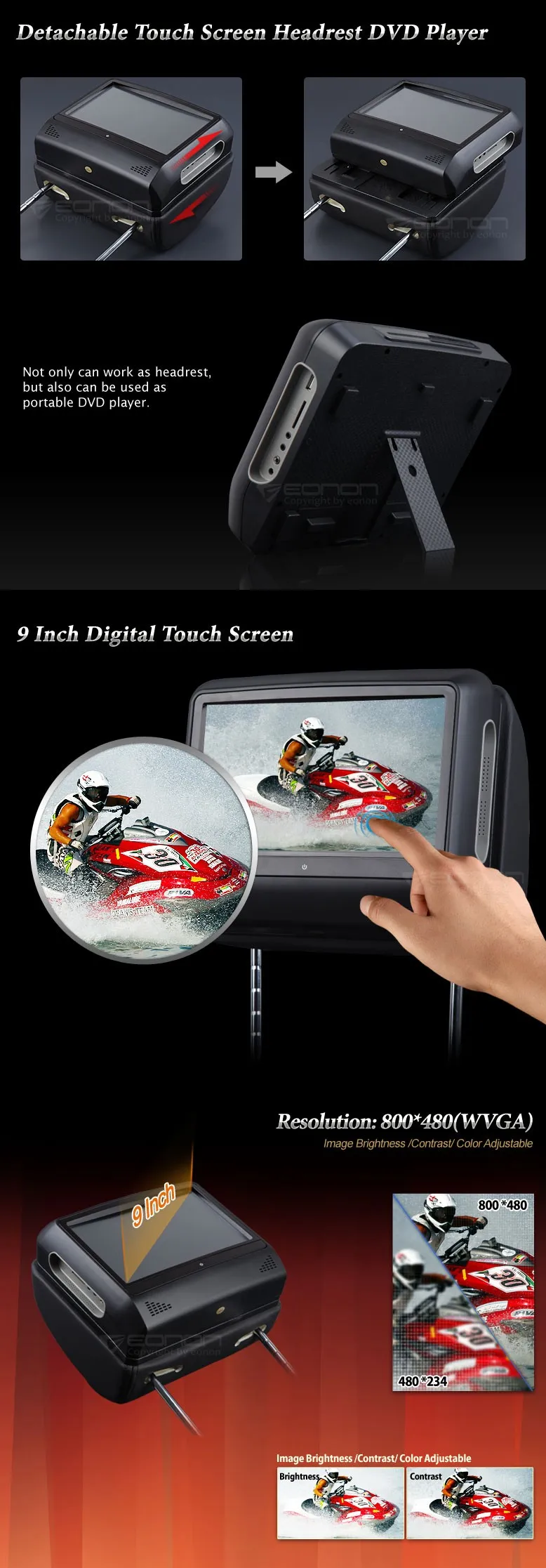 Excellent Eonon Black 2x9" Digital Touch Screen Detachable car  Headrest DVD player Game USB/SD IR/FM transmitter car monitor 1 Excellent Eonon Black 2x9" Digital Touch Screen Detachable car  Headrest DVD player Game USB/SD IR/FM transmitter car monitor 1
