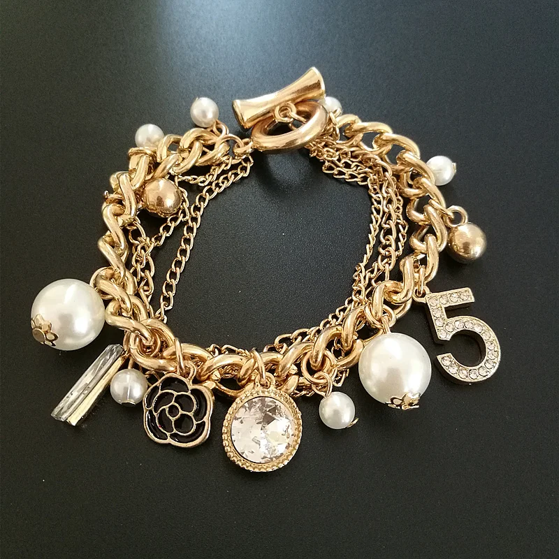 Creative Fashion No.5 Pearl Camellia Metal Ball Pendant Chain Bracelet Multi element Combination
