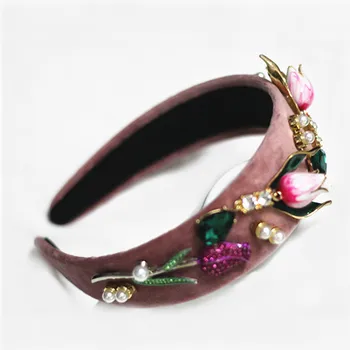 

Charm Pink Velvet Tulip Flower Baroque Headband Crystal Queen Crown Tiara Headwear For Women Wedding Hair Jewelry Christmas Gift