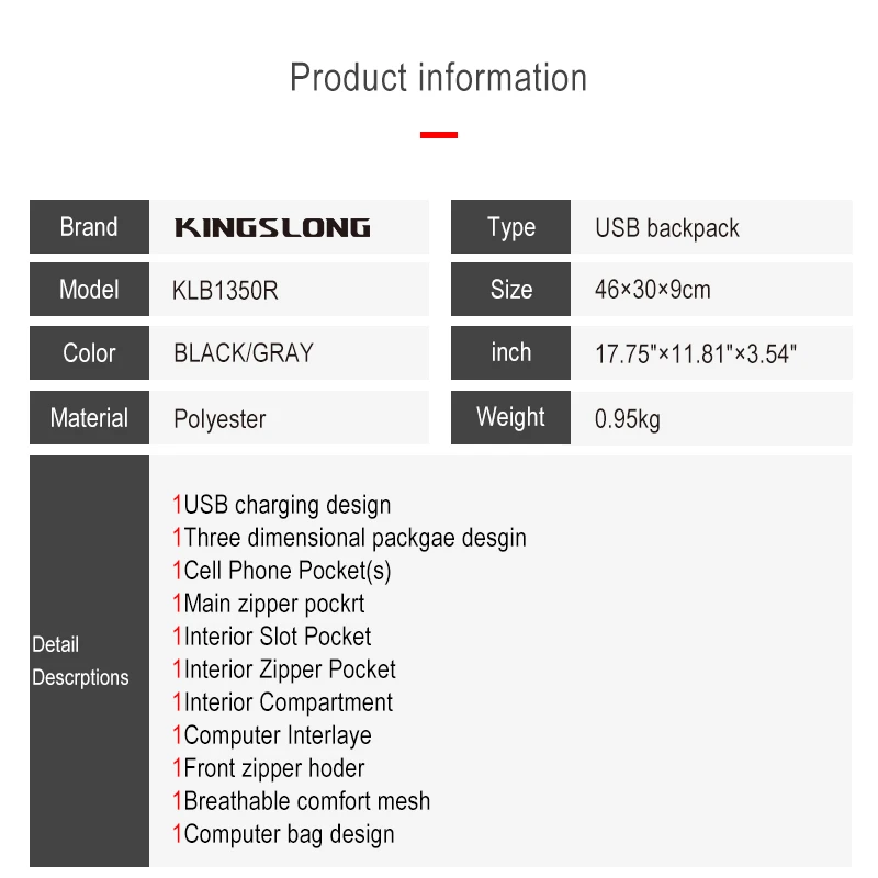 KINGSLONG Сумка Модный деловой Рюкзак 15,6 дюймов рюкзак для ноутбука рюкзак Противоугонный рюкзак USB mochila студенческие рюкзаки для мужчин