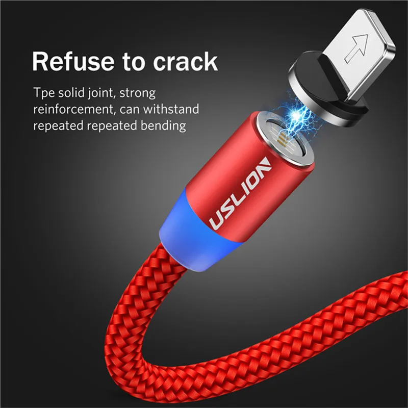 Магнитный USB кабель USLION 3A для быстрой зарядки микро Type C со светодиодной