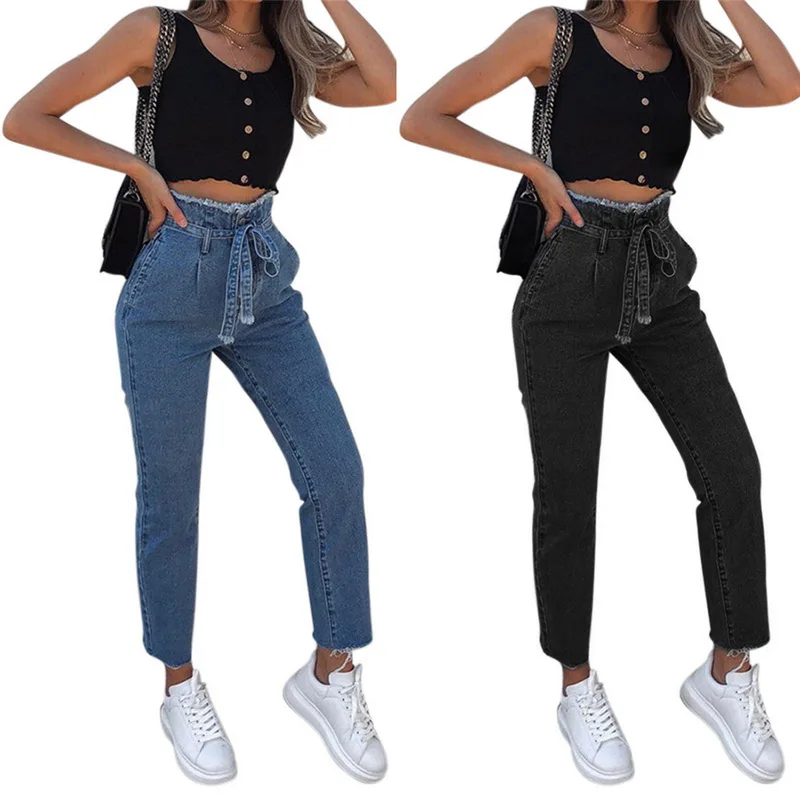 Puimentiua 2019 демисезонный для женщин джинсы для Высокая талия отделка Slim Fit деним узкие брюки с поясом ремень Femme Повседневные