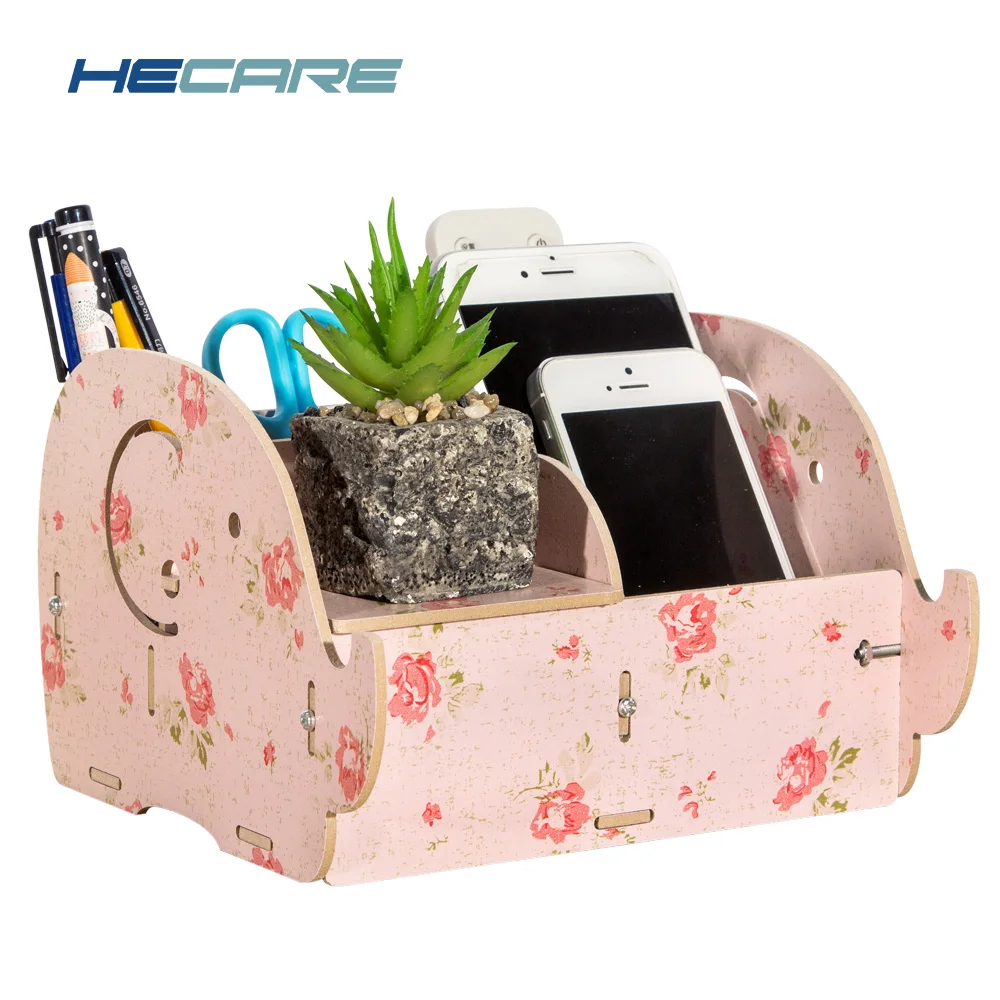 

Wooden Home Office Desk Organiser Pink Blue Desktop Storage Box with Ipad Holder Cute Elephant Grocery Box Wood Stand for Pens