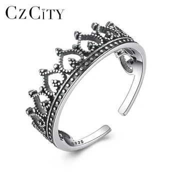 

CZCITY Trendy 925 Sterling Silver Open Rings Female Romantic Heart Element Crown Design Vintage Fine Jewelry Valentine Day Gifts