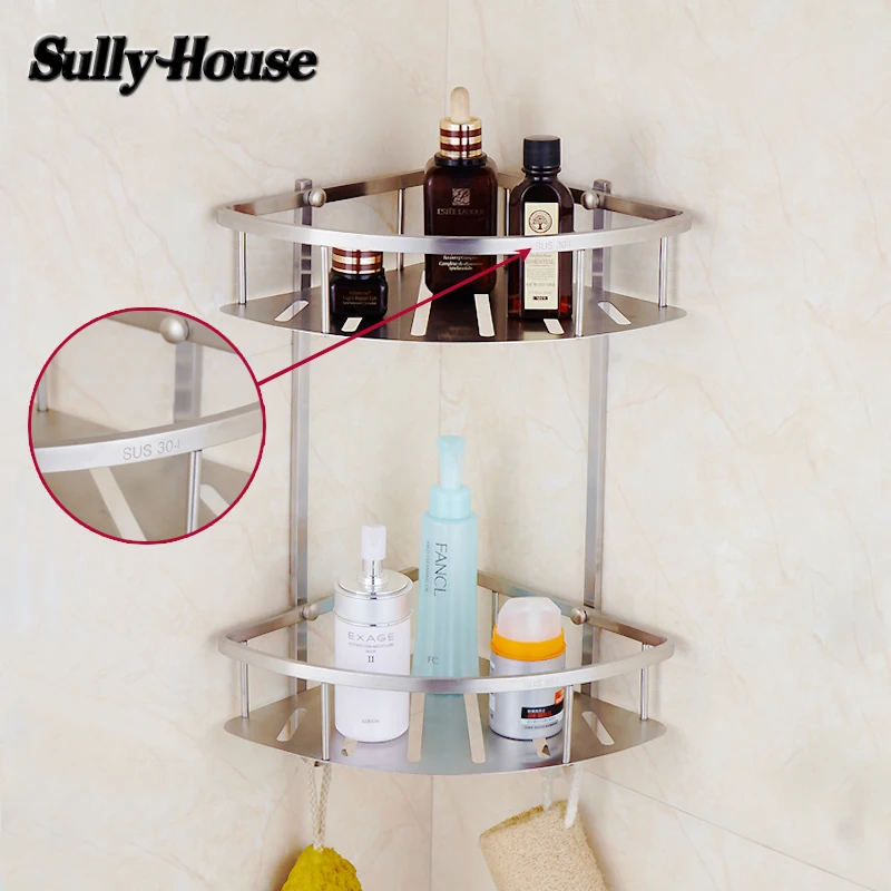 

Sully House 304 stainless steel Bathroom Brushed Corner Basket Shelf,Dual Tier Shelves with 2 Robe hook,Shampoo Soap Cosmetic