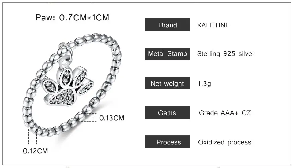 Silver Ring With Puppy Cat Paw Pendant Charm CZ Cute Rings for Women Jewelry Silver - PeticaDeals
