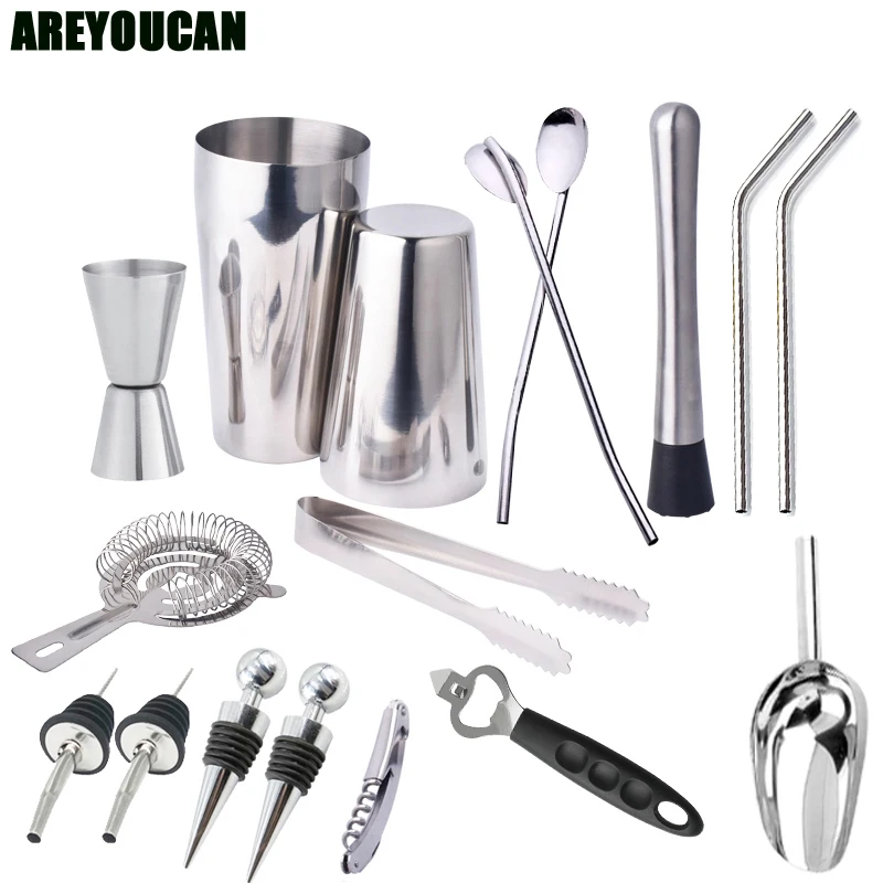 

AREYOUCAN 2018 New Boston Double shaker bar tools bpa free Stainless steel 304 high-end 17 pieces cocktail shakers set