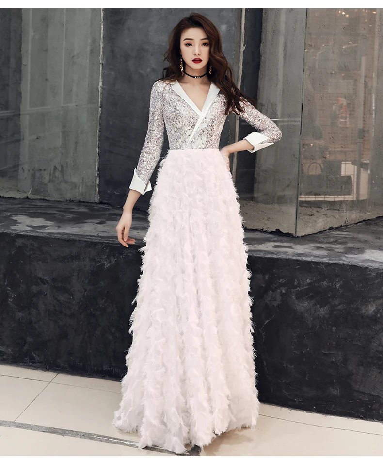 Weiyin, новинка, вечернее платье с v-образным вырезом, элегантное белое платье для банкета с рукавами 3/4, Длинные вечерние платья с блестками WY1554 Robe De Soiree