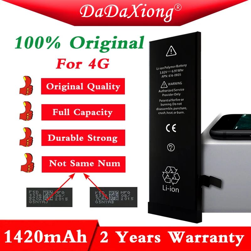 

Da Da Xiong Factory Original 10pcs/lot Quality AAAA 1420mAh 3.7V 0 zero cycle Battery for iPhone 4 4G replacement repair parts