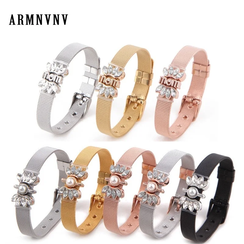 ARMNVNV 2018 Family KEEPERS Collection Stainless Steel Mesh Bracelet with Flower MOM Pearl Keeper Charms as a Gift for 1Set | Украшения и