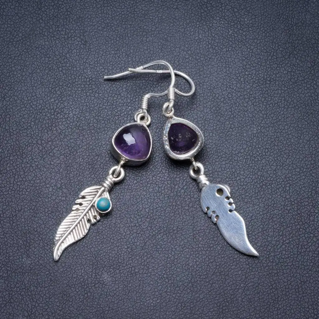 

Natural Amethyst and Turquoise Handmade Unique 925 Sterling Silver Earrings 2" Y2408
