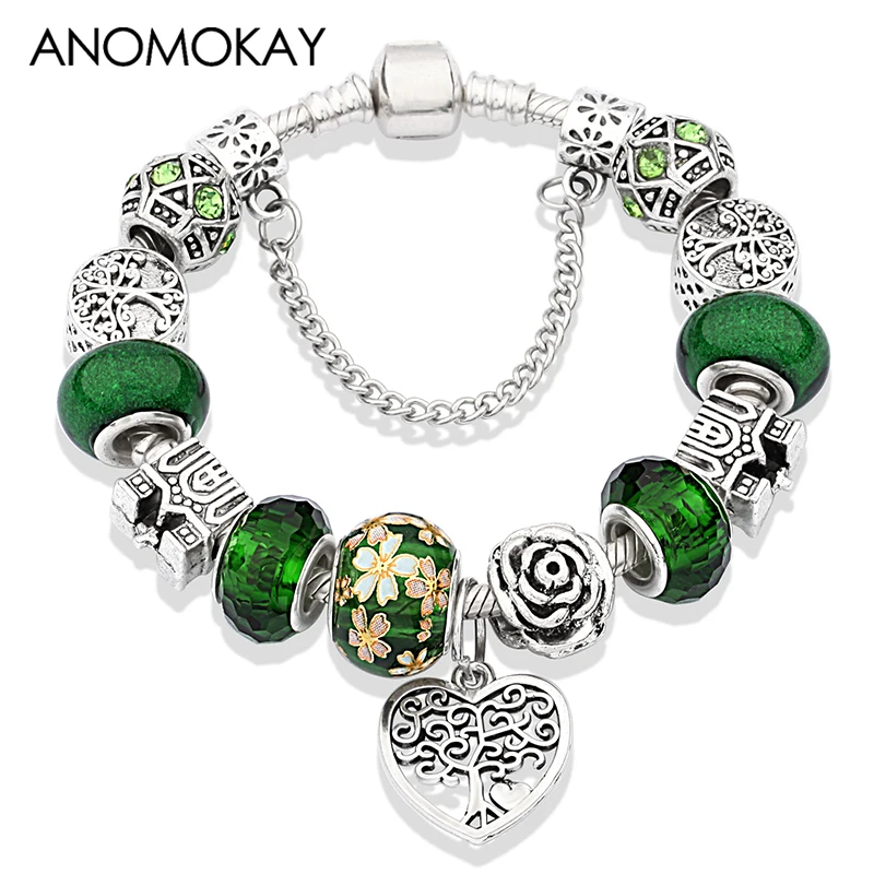 

Silver Color Tree of Life Flower Plant Pan Bracelet Green Crystal Murano Men's Boy's Bead Bracelet Diy Castle Bracelet Charm
