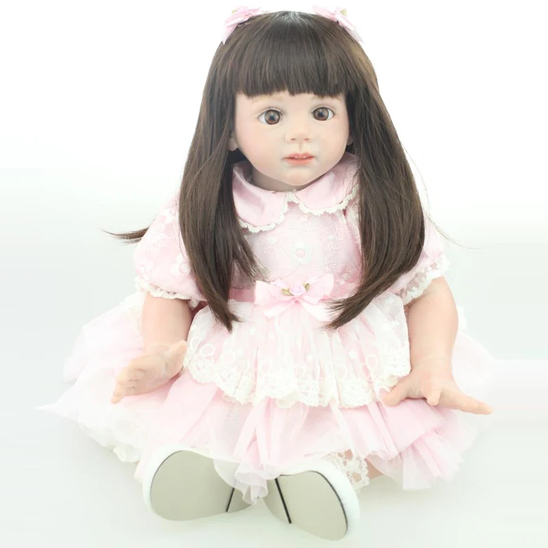 

55-60CM New Design Silicone Reborn Baby Dolls Sweet Girl Puzzle Toys Real Gentle Touch Rooted Human Hair With Pink Dress Collect