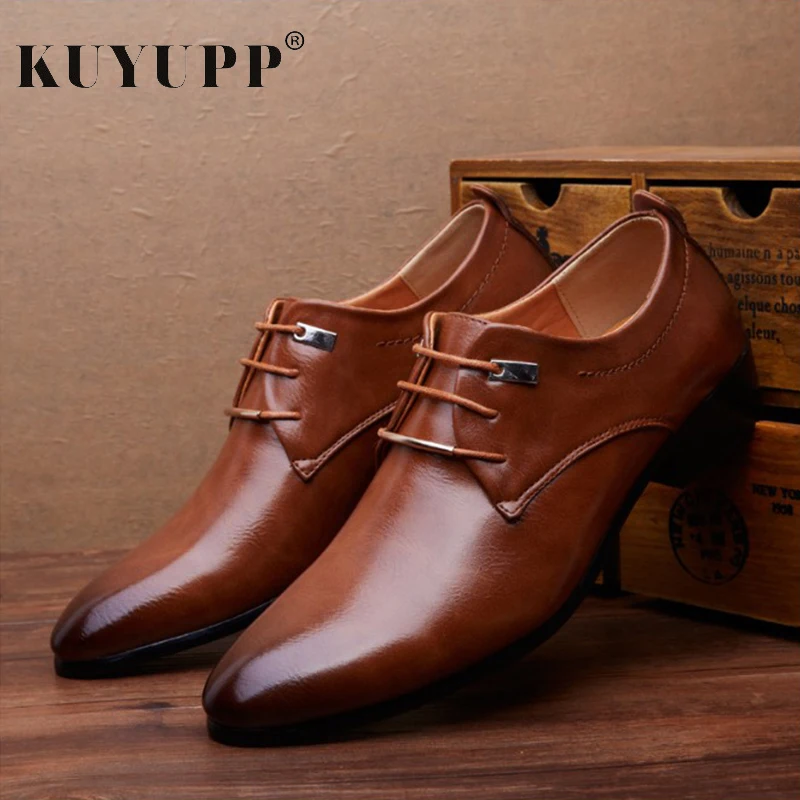 

Big Size 10.5 11 Pointed Toe Casual Men Shoes Male Fashion Lace Up Black Wedding Shoes Leather Brown Business Footwear KET628