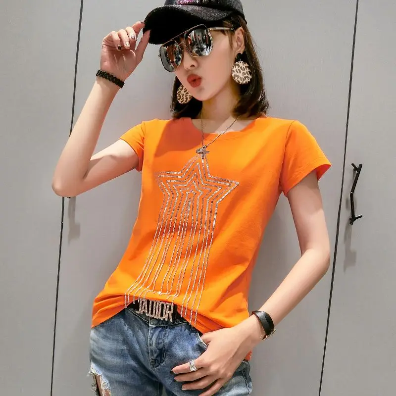 Однотонная футболка с круглым вырезом; Новинка года; сезон лето; модная уличная хлопковая Футболка со звездами и бисером; Camiseta Mujer; цвет черный, белый; T94803L - Цвет: Orange tshirt