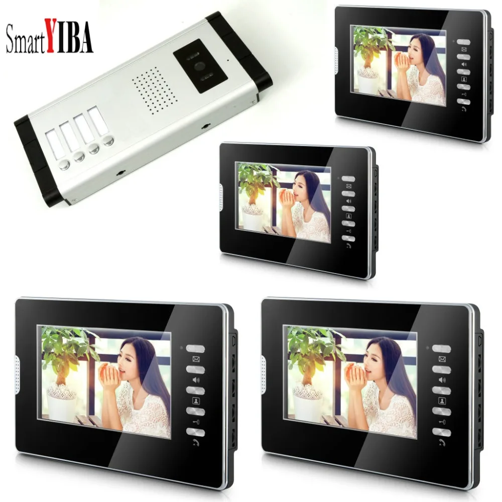 

SmartYIBA 7 Inch Color Video Door Phone Doorbell Intercom System 1-Camera 4-Monitor Night Vision For 4 Apartment Families Villa