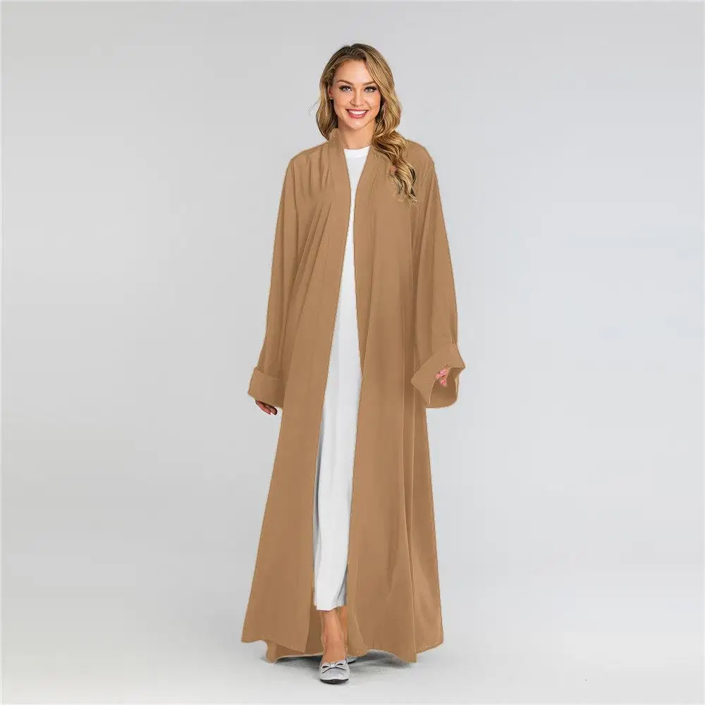 New Open Front Cardigan Dubai Kimono Abaya Maxi Dress Muslim For Women Solid Color Long Sleeve Arab Robe Gown Middle East Dress - Цвет: Khaki