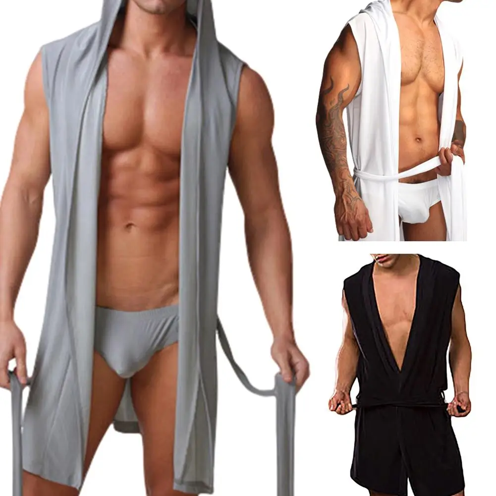 

халат мужской Summer Dress Bath Robe Men Sexy Pajamas Sleepwear Hombre Sleeveless Hooded Bathrobe Nightgown Robe Badjas Mannen