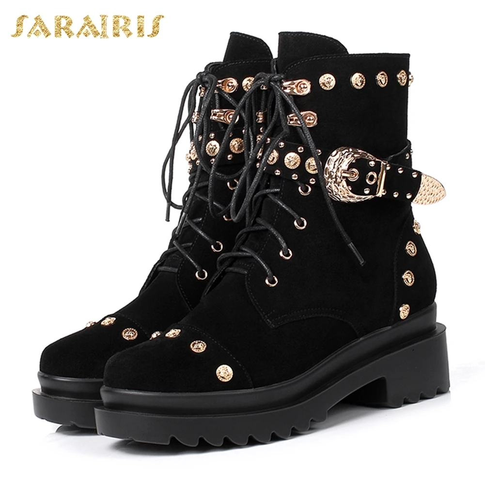 

SARAIRIS New Cow Suede leather Platform women Maritin Boots Woman Shoes Lace Up Autumn Winter Hot Sale Ankle Boots Shoes Woman