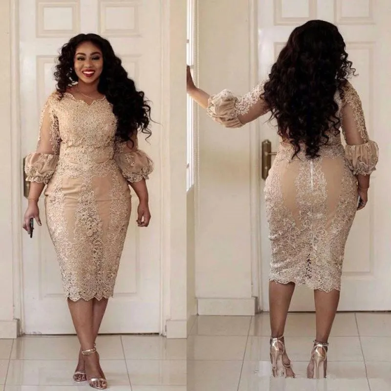

aso ebi Lace Champagne Tea-length Prom Party Dresses with 3/4 Long Sleeve 2019 Plus Size Applique African Evening Gown