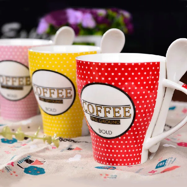 330ml colorful dot ceramic bulk coffee mug creative couples milk cup with spoon valentines gift 2pcs - Colorful Mugs 330ml colorful dot ceramic bulk coffee mug creative couples milk cup with spoon valentines gift 2pcs - Colorful Mugs