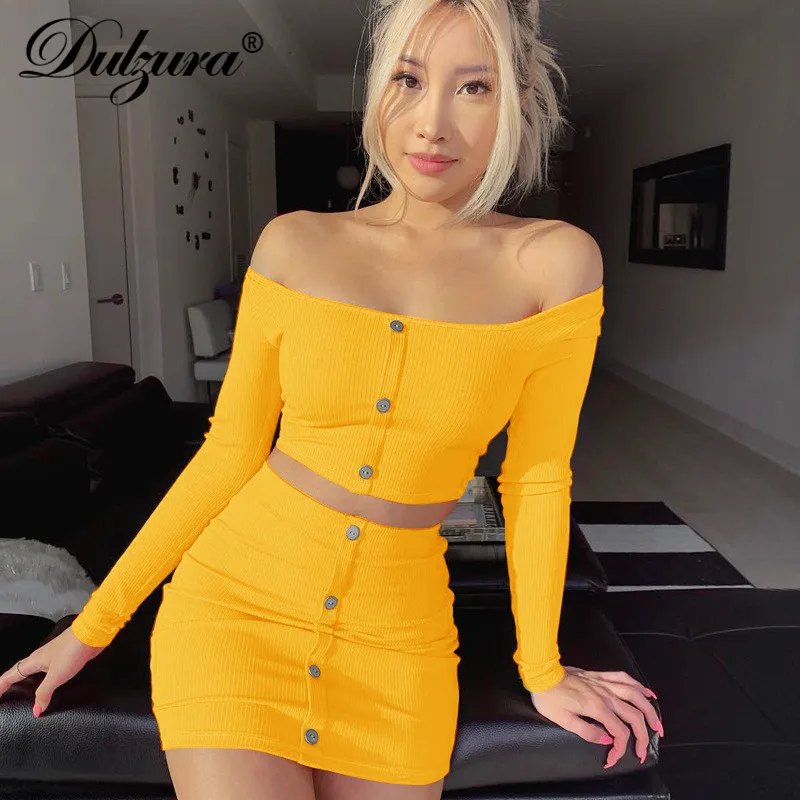  Dulzura 2019 Summer Women Two piece set Skirt set Button Crop top Sexy Elegant Festival Knitted Par