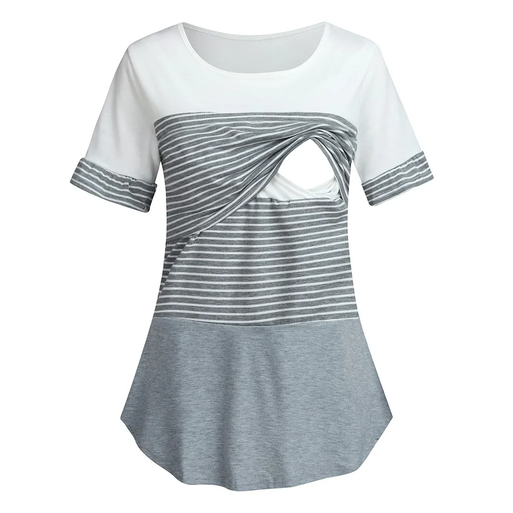 Топы для беременных женщин для беременных с коротким рукавом o-образным вырезом полосатая рубашка для кормления Топ для грудного вскармливания повседневные свободные топы для беременных - Цвет: Gray