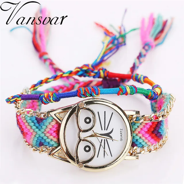 Vansvar Brand Handmade Braided Glasses Cat Friendship Bracelet Watch Rope Ladies Vansvar Brand Handmade Braided Glasses Cat Friendship Bracelet Watch Rope Ladies
