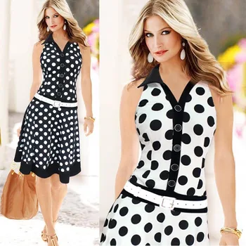 

D119 summer Lapel sleeveless polka dot low waist large swing dress women's fashion dot sleeveless print dress